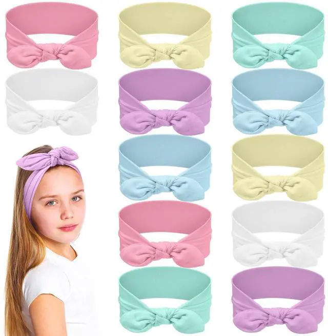 Main image of 12 Pack Girls Headbands, Rabbit Ear Bow Hairbands | Cute Toddler Headbands Bulk, Pastel Color, Stretchy Wide Cloth Hair Accessories, for Kids Birthday Party Favors, Gifts