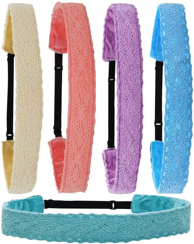 Main image of 5 Lace Headbands for Girls, Adjustable No Slip Stretch Elastic Girl Headband, Dressy Pastel Lacy Headwraps, Cute Plain Solid Color Hair Accessories for Kids Easter Basket Stuffers