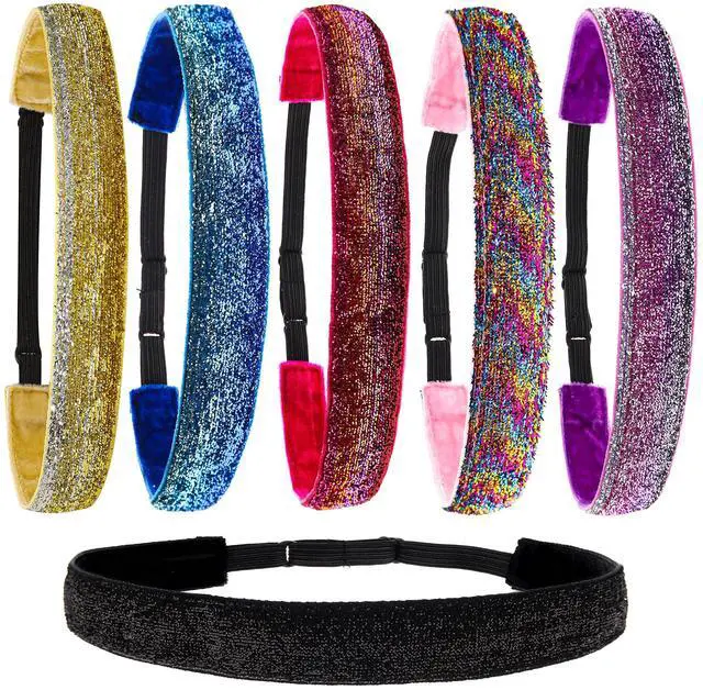Main image of 6 Glitter Headbands for Girls, Adjustable Non Slip Head Bands for Kids, Cute Sparkly Stretch Elastic Hair Accessories for Gymnastics For Teen Girls, Women