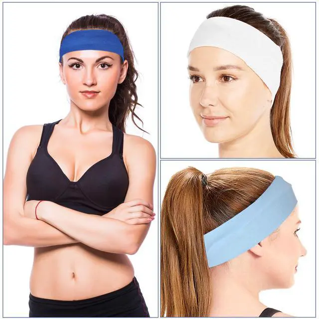Alt view image 4 of 7 - 3Pcs Non Slip Headbands Soft Elastic Head Bands for Women Girls | Wide Stretchy Headband for Yoga Workout Sports Gym White & Blue Sweat Headbands Trendy Hair Accessories