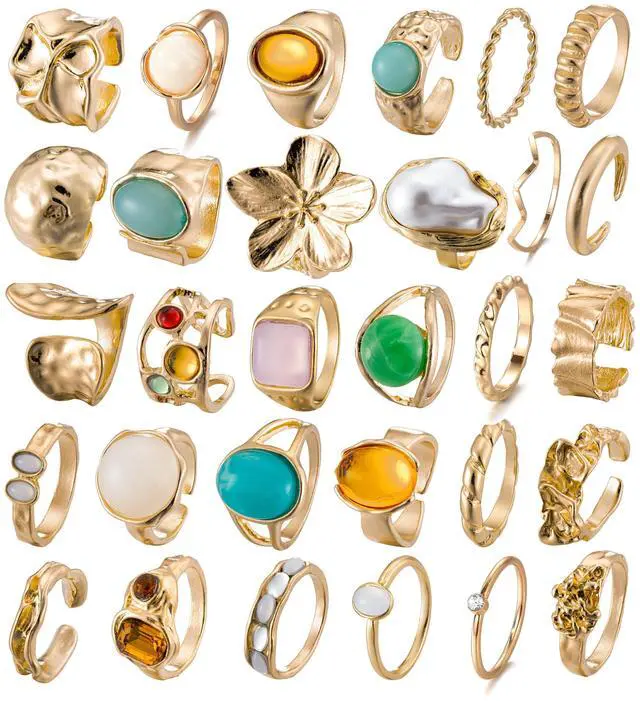 Main image of 30 Pcs Gold Crystal Stacks Ring Sets for Women Chunky Gemstone Knuckle Rings Boho Flower Statement Joint Finger Rings Pack for Jewelry Gift
