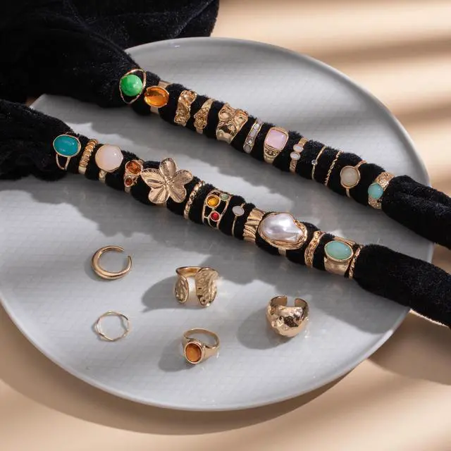 Alt view image 2 of 4 - 30 Pcs Gold Crystal Stacks Ring Sets for Women Chunky Gemstone Knuckle Rings Boho Flower Statement Joint Finger Rings Pack for Jewelry Gift