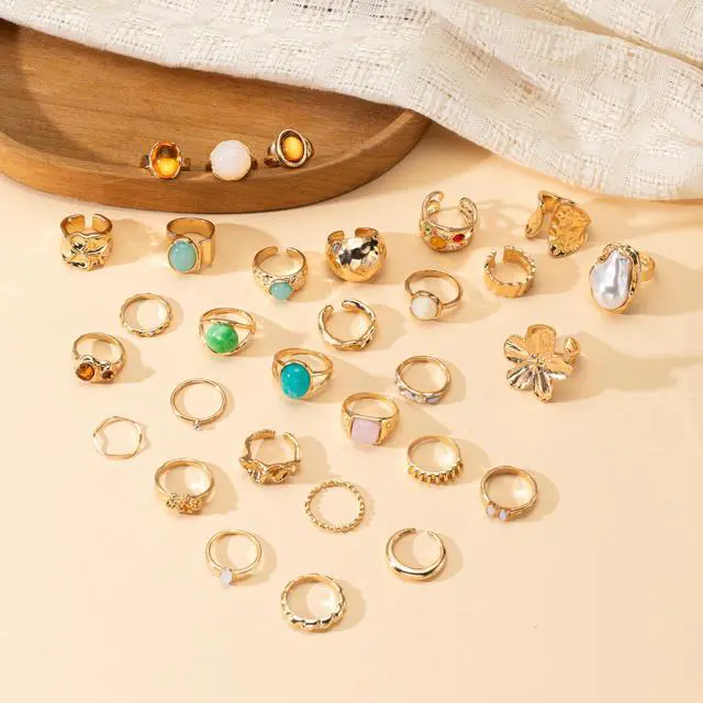 Alt view image 4 of 4 - 30 Pcs Gold Crystal Stacks Ring Sets for Women Chunky Gemstone Knuckle Rings Boho Flower Statement Joint Finger Rings Pack for Jewelry Gift