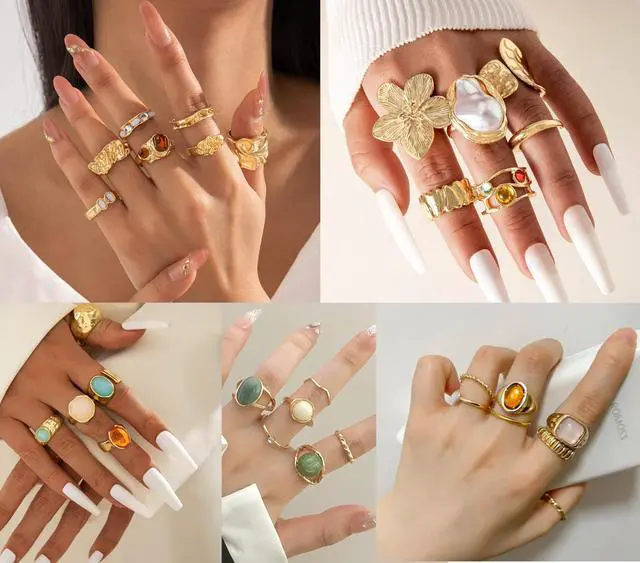 Alt view image 3 of 4 - 30 Pcs Gold Crystal Stacks Ring Sets for Women Chunky Gemstone Knuckle Rings Boho Flower Statement Joint Finger Rings Pack for Jewelry Gift