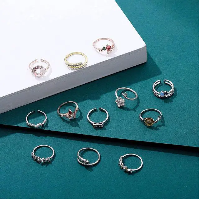 Alt view image 7 of 7 - 12 Pcs Rose Gold Rings for Women Knuckle Rings Set - Engagement Rings for Women - Cubic Zirconia Rings for Teen Girls - Stackable Rings for Women Finger Rings- Pack of Silver Rings for Teen Girls