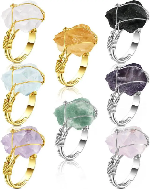 Main image of 8 Pcs Chakra Crystal Rings Adjustable Raw Gems, Silver and Gold Ring | Copper Wire Wrapped Raw Stones, Versatile Irregular Colorful Gem Rings, Healing Crystal Ring, Spiritual Rings Gift for Women