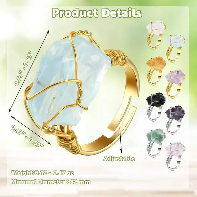 Alt view image 2 of 6 - 8 Pcs Chakra Crystal Rings Adjustable Raw Gems, Silver and Gold Ring | Copper Wire Wrapped Raw Stones, Versatile Irregular Colorful Gem Rings, Healing Crystal Ring, Spiritual Rings Gift for Women