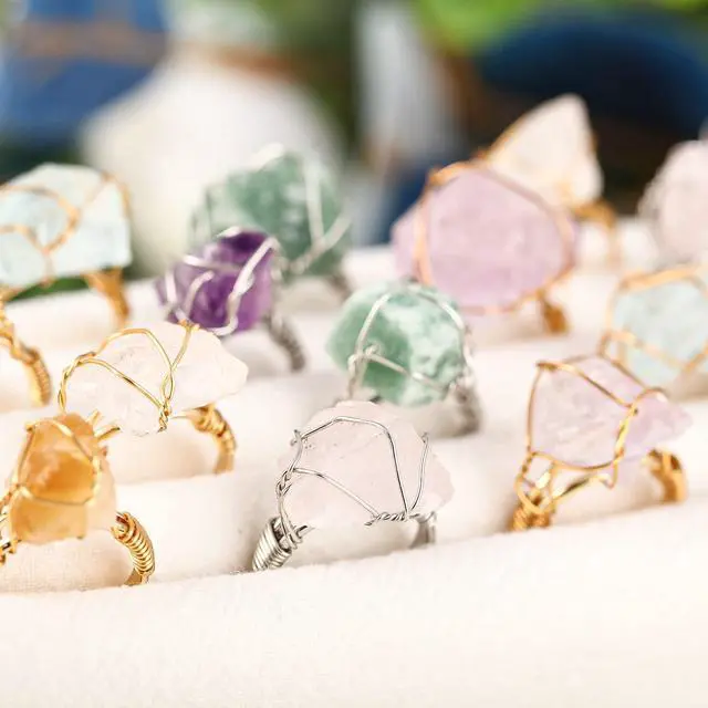 Alt view image 5 of 6 - 8 Pcs Chakra Crystal Rings Adjustable Raw Gems, Silver and Gold Ring | Copper Wire Wrapped Raw Stones, Versatile Irregular Colorful Gem Rings, Healing Crystal Ring, Spiritual Rings Gift for Women