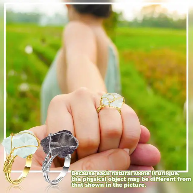 Alt view image 3 of 6 - 8 Pcs Chakra Crystal Rings Adjustable Raw Gems, Silver and Gold Ring | Copper Wire Wrapped Raw Stones, Versatile Irregular Colorful Gem Rings, Healing Crystal Ring, Spiritual Rings Gift for Women