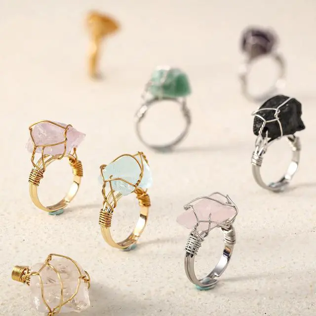 Alt view image 6 of 6 - 8 Pcs Chakra Crystal Rings Adjustable Raw Gems, Silver and Gold Ring | Copper Wire Wrapped Raw Stones, Versatile Irregular Colorful Gem Rings, Healing Crystal Ring, Spiritual Rings Gift for Women