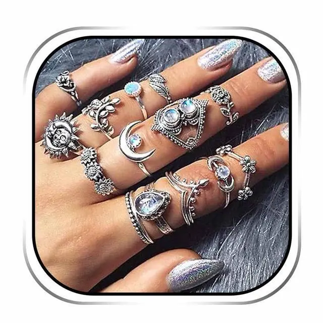 Main image of Vintage Ring Set Carved Knuckle Crystal Rings Set Gold Stackable Midi Rings Finger Jewelry for Women and Girls(13PCS)