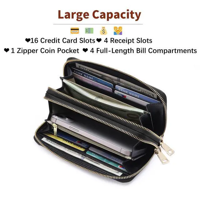 Alt view image 3 of 7 - Women's Wallet RFID Blocking Leather Wristlet | 2 Zip Around, Large Capacity, Credit Card Holder, Ladies Phone Clutch Purse
