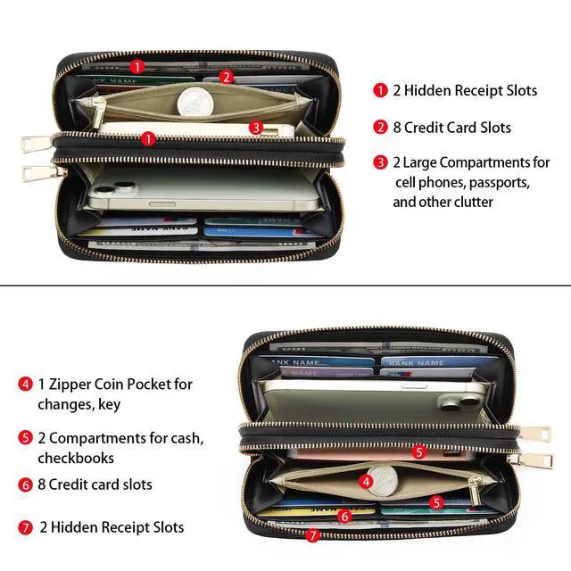 Alt view image 4 of 7 - Women's Wallet RFID Blocking Leather Wristlet | 2 Zip Around, Large Capacity, Credit Card Holder, Ladies Phone Clutch Purse