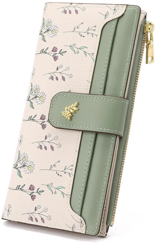 Main image of Womens Wallet Slim Thin RFID Blocking Floral Vegan Leather Card Holder Bifold Long Ladies Wallet with Zipper Pocket