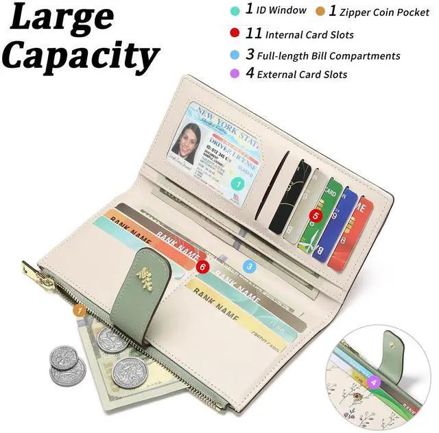 Alt view image 2 of 6 - Womens Wallet Slim Thin RFID Blocking Floral Vegan Leather Card Holder Bifold Long Ladies Wallet with Zipper Pocket
