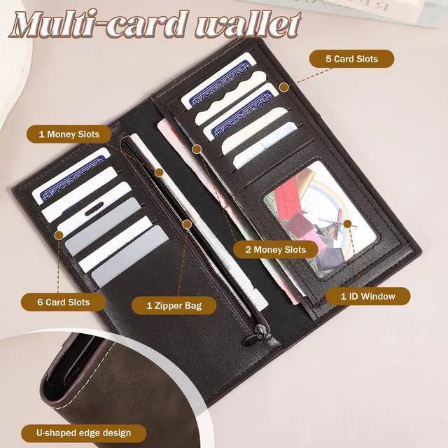 Alt view image 3 of 7 - Bifold Slim Long Wallet for Men, Card Holder Wallet with Multiple Cards Slots PU Leather Card Wallets Contrasting Bifold Wallets Leather Checkbook Cover for Suits and Daily Use (Deep Coffee)