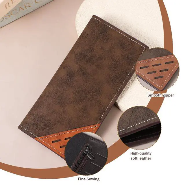 Alt view image 4 of 7 - Bifold Slim Long Wallet for Men, Card Holder Wallet with Multiple Cards Slots PU Leather Card Wallets Contrasting Bifold Wallets Leather Checkbook Cover for Suits and Daily Use (Deep Coffee)