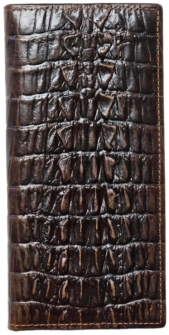 Main image of Genuine Leather Bifold Long Wallet for Men, Retro Vintage Embossed Clutch with Zipped Coin purse & Credit card Slots. RFID Blocking. Crocodile Tail- Coffee