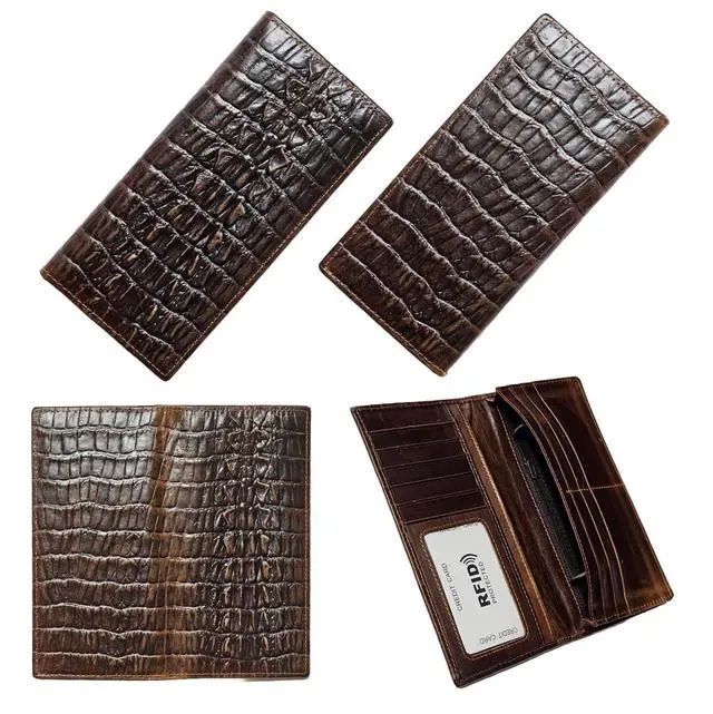 Alt view image 3 of 6 - Genuine Leather Bifold Long Wallet for Men, Retro Vintage Embossed Clutch with Zipped Coin purse & Credit card Slots. RFID Blocking. Crocodile Tail- Coffee