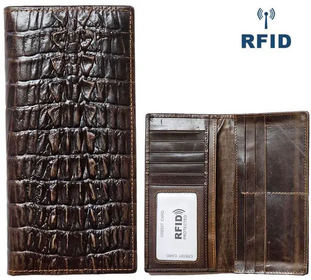 Alt view image 2 of 6 - Genuine Leather Bifold Long Wallet for Men, Retro Vintage Embossed Clutch with Zipped Coin purse & Credit card Slots. RFID Blocking. Crocodile Tail- Coffee