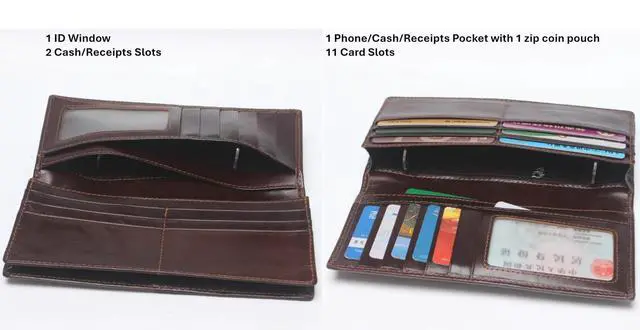 Alt view image 5 of 6 - Genuine Leather Bifold Long Wallet for Men, Retro Vintage Embossed Clutch with Zipped Coin purse & Credit card Slots. RFID Blocking. Crocodile Tail- Coffee