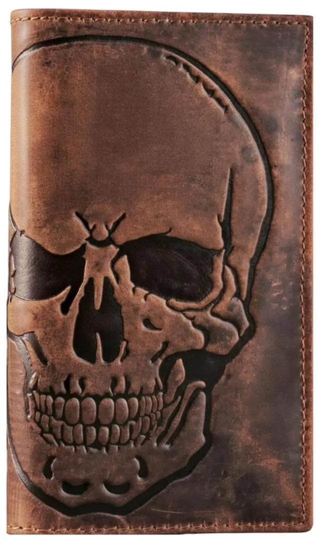 Main image of Men's RFID Vintage Look Genuine Leather Long Bifold Wallet Checkbook Wallets,buffalo wax leather,classic brown skull,240-120