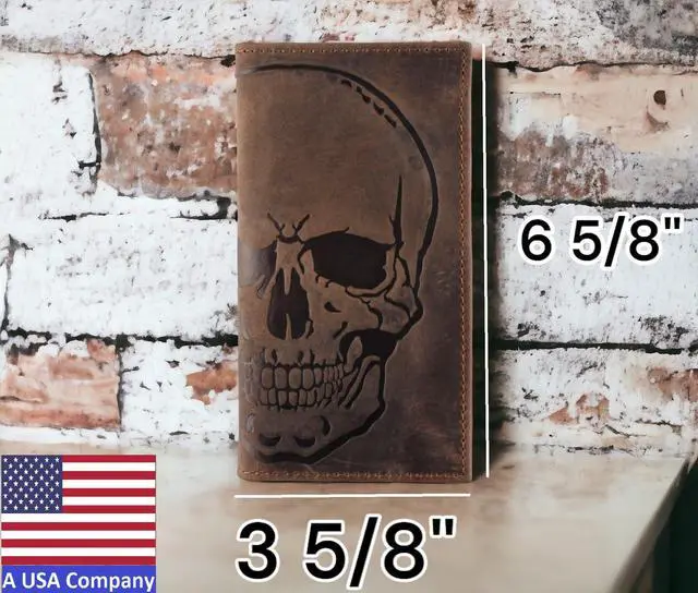 Alt view image 3 of 7 - Men's RFID Vintage Look Genuine Leather Long Bifold Wallet Checkbook Wallets,buffalo wax leather,classic brown skull,240-120
