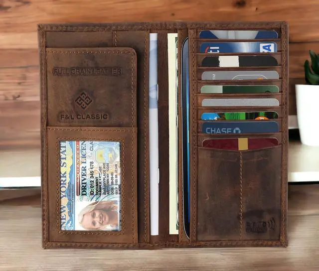 Alt view image 4 of 7 - Men's RFID Vintage Look Genuine Leather Long Bifold Wallet Checkbook Wallets,buffalo wax leather,classic brown skull,240-120