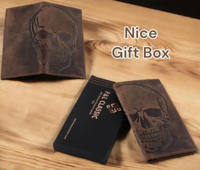 Alt view image 5 of 7 - Men's RFID Vintage Look Genuine Leather Long Bifold Wallet Checkbook Wallets,buffalo wax leather,classic brown skull,240-120