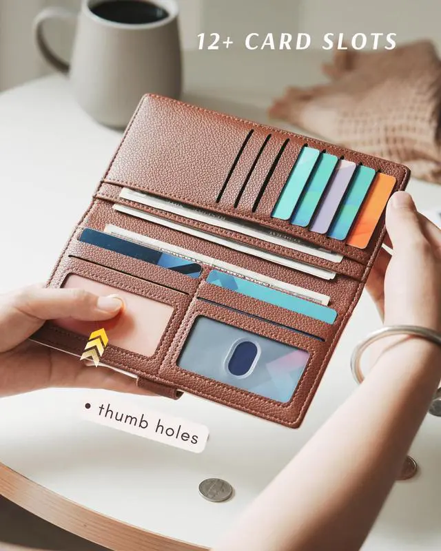 Alt view image 3 of 7 - Slim Wallet for Women RFID Card Holder with 2 ID Windows | Ladies Wallet, 12 Card Slots, 3 Compartments, Back Zipper Pocket, Vegan Leather, RFID Protection, Beige & Brown