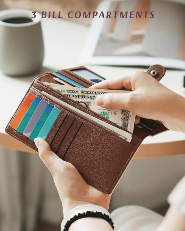Alt view image 4 of 7 - Slim Wallet for Women RFID Card Holder with 2 ID Windows | Ladies Wallet, 12 Card Slots, 3 Compartments, Back Zipper Pocket, Vegan Leather, RFID Protection, Beige & Brown