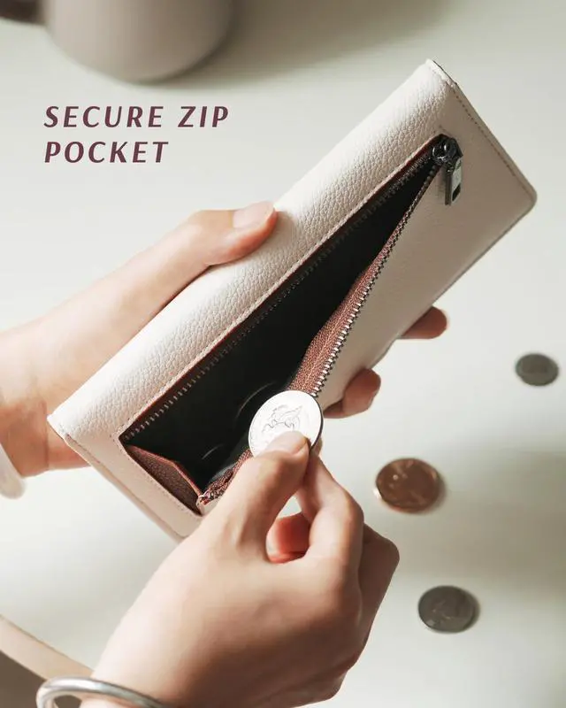 Alt view image 7 of 7 - Slim Wallet for Women RFID Card Holder with 2 ID Windows | Ladies Wallet, 12 Card Slots, 3 Compartments, Back Zipper Pocket, Vegan Leather, RFID Protection, Beige & Brown