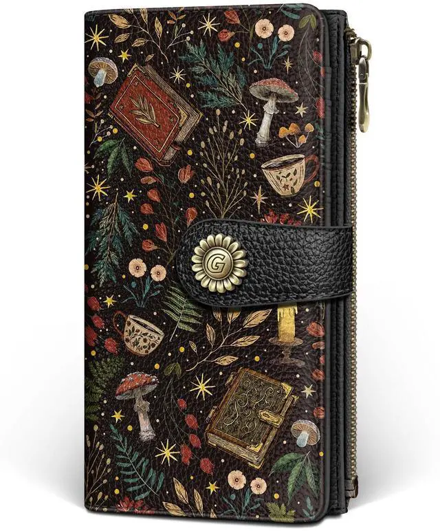 Main image of Book Mushroom Womens Wallet RFID, Goth Credit Card Holder Bifold | Billfold, Cute Cash Purse, Travel Zipper Coin Pocket, Compact Clutch, PU Leather, ID Window, 11 Card Slots, Ladies Gift Woman