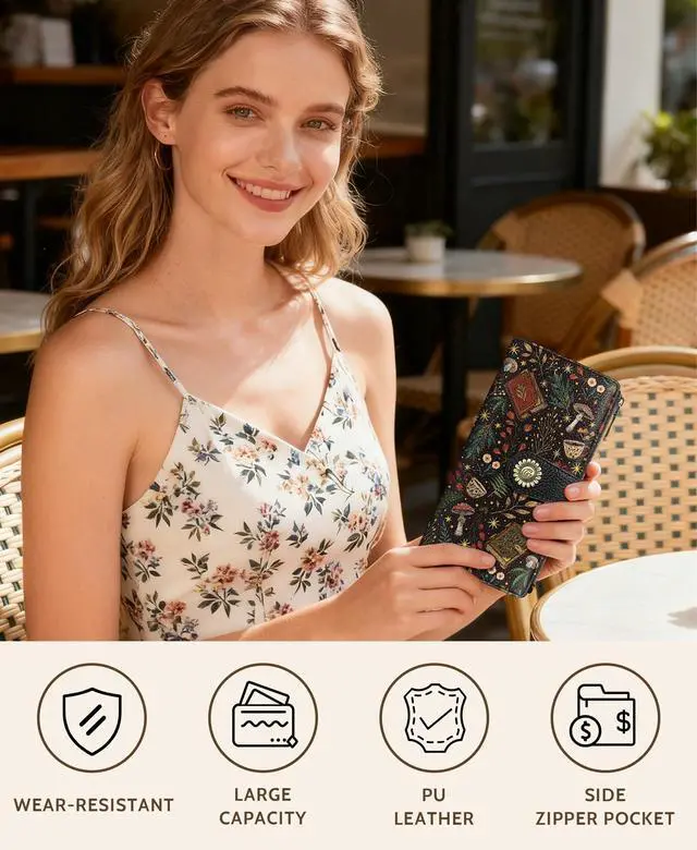 Alt view image 2 of 6 - Book Mushroom Womens Wallet RFID, Goth Credit Card Holder Bifold | Billfold, Cute Cash Purse, Travel Zipper Coin Pocket, Compact Clutch, PU Leather, ID Window, 11 Card Slots, Ladies Gift Woman