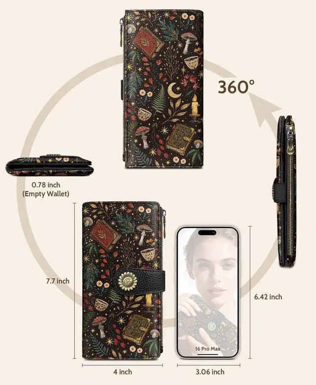 Alt view image 5 of 6 - Book Mushroom Womens Wallet RFID, Goth Credit Card Holder Bifold | Billfold, Cute Cash Purse, Travel Zipper Coin Pocket, Compact Clutch, PU Leather, ID Window, 11 Card Slots, Ladies Gift Woman