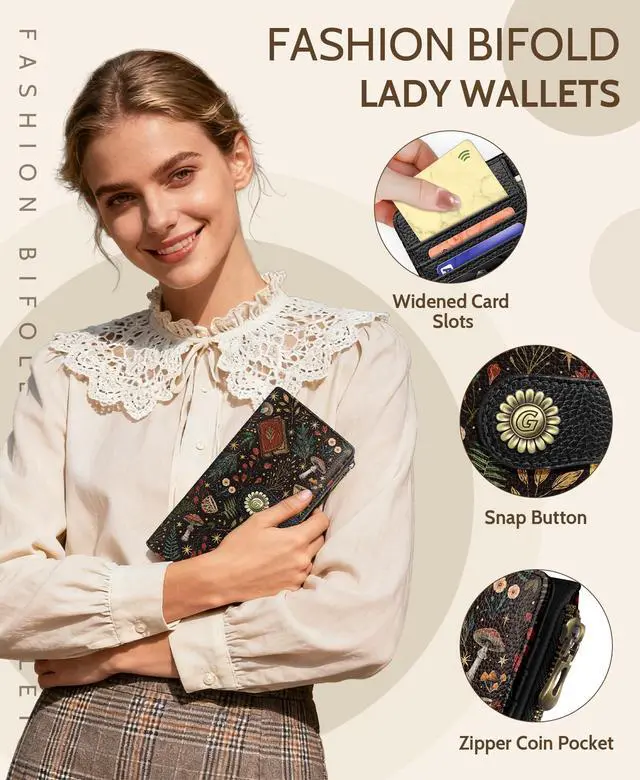 Alt view image 6 of 6 - Book Mushroom Womens Wallet RFID, Goth Credit Card Holder Bifold | Billfold, Cute Cash Purse, Travel Zipper Coin Pocket, Compact Clutch, PU Leather, ID Window, 11 Card Slots, Ladies Gift Woman