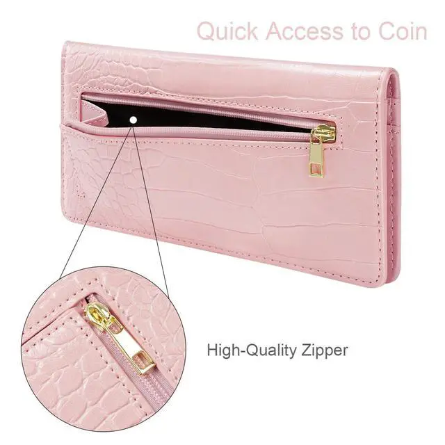 Alt view image 3 of 7 - Wallet Women Bifold Faux Crocodile Leather Slim Thin Long Wallets | RFID Blocking, Alligator Texture, Luxury, Credit Cards Holder, Female Woman Ladies PurseZipper Coin Pocket, Pink Croc