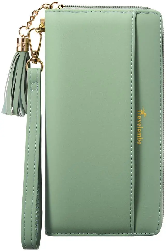 Main image of Wristlet Wallet Women RFID Bifold Large Capacity Clutch Purse | Tassel, Zipper Coin Pocket, Card Holder Wallet, Gifts for Women, Access Green Blooming