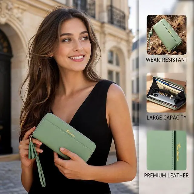 Alt view image 5 of 7 - Wristlet Wallet Women RFID Bifold Large Capacity Clutch Purse | Tassel, Zipper Coin Pocket, Card Holder Wallet, Gifts for Women, Access Green Blooming