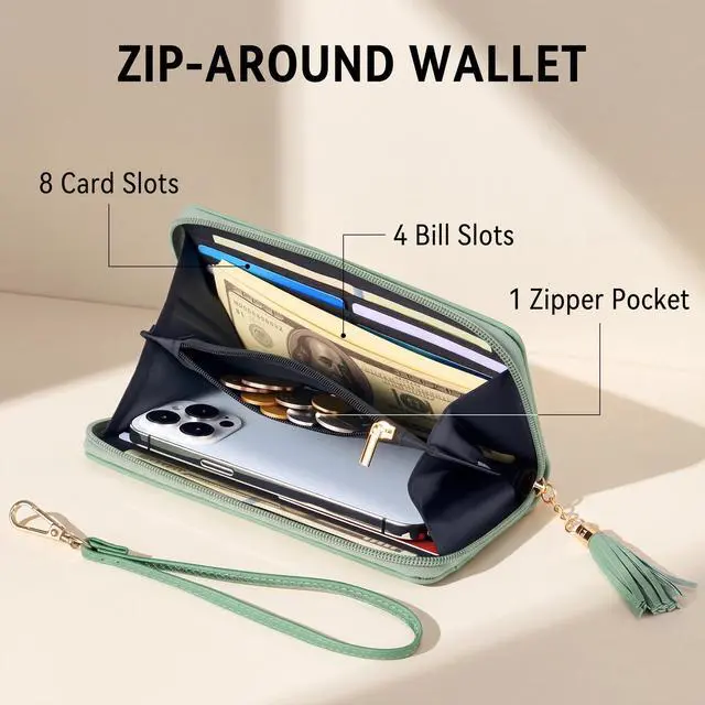 Alt view image 2 of 7 - Wristlet Wallet Women RFID Bifold Large Capacity Clutch Purse | Tassel, Zipper Coin Pocket, Card Holder Wallet, Gifts for Women, Access Green Blooming