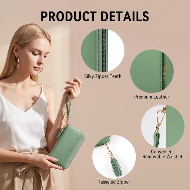 Alt view image 4 of 7 - Wristlet Wallet Women RFID Bifold Large Capacity Clutch Purse | Tassel, Zipper Coin Pocket, Card Holder Wallet, Gifts for Women, Access Green Blooming