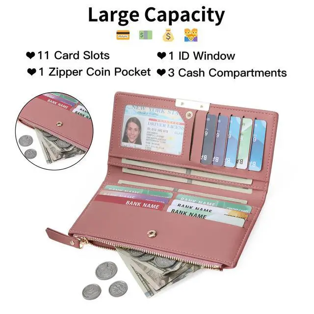 Alt view image 2 of 7 - Slim Women's Wallet Ladies Credit Card Holder Bifold RFID Blocking | Flat, Thin, Compact Size, Long Billfold with Coin Zipper Pocket, Anti-theft, Secure