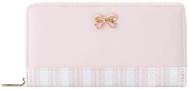 Main image of Cute Lace Print Pink Bow Long Wallet for Women Girls | Clutch Wallet, 12 Card Slots, Coin Pocket, Phone Holder