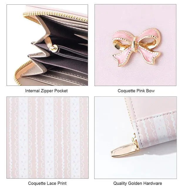 Alt view image 4 of 6 - Cute Lace Print Pink Bow Long Wallet for Women Girls | Clutch Wallet, 12 Card Slots, Coin Pocket, Phone Holder