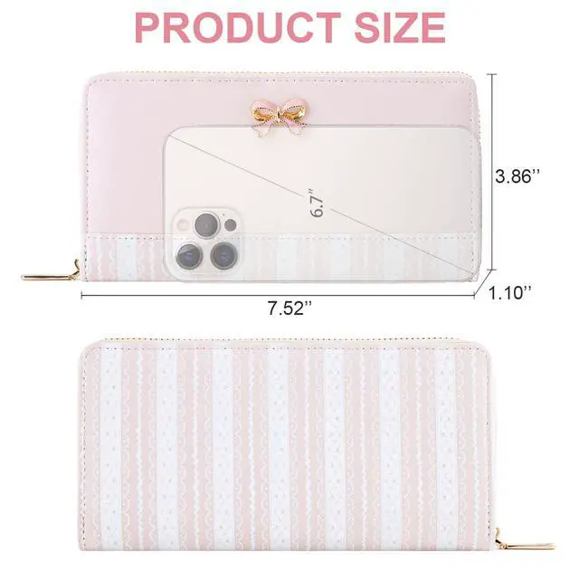 Alt view image 3 of 6 - Cute Lace Print Pink Bow Long Wallet for Women Girls | Clutch Wallet, 12 Card Slots, Coin Pocket, Phone Holder