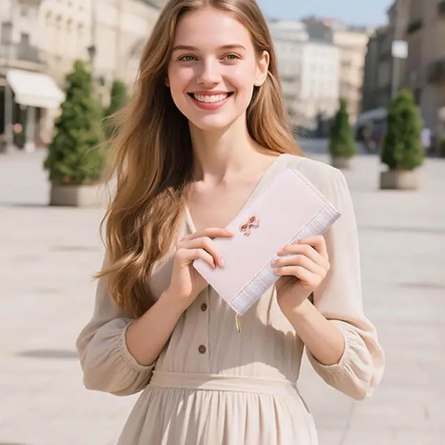 Alt view image 5 of 6 - Cute Lace Print Pink Bow Long Wallet for Women Girls | Clutch Wallet, 12 Card Slots, Coin Pocket, Phone Holder