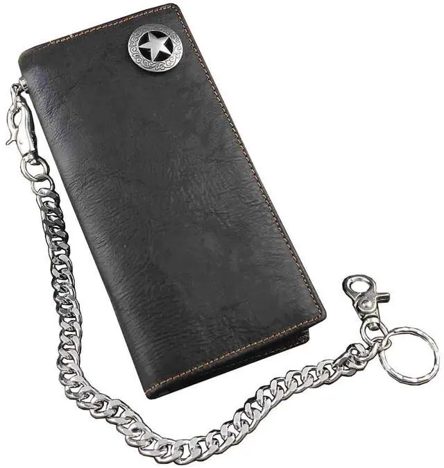 Main image of Biker Rock Star Concho Mens Card Money Long Black Real Leahter Wallet With Chain