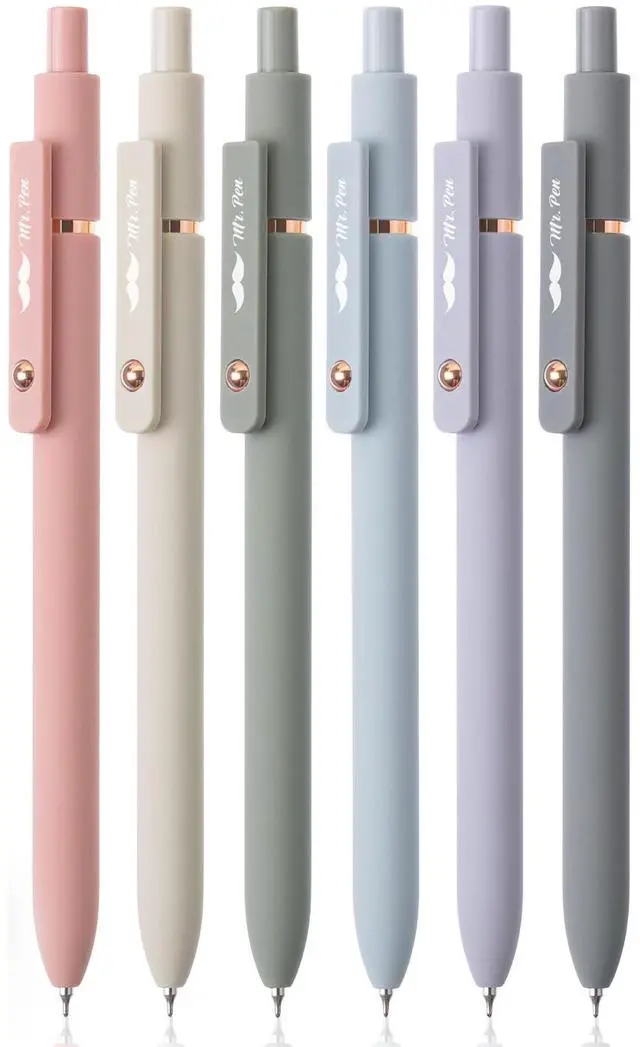 Main image of Retractable Gel Pens with Rose Gold Ring and Ball, 6 Pack | Morandi Barrels, Japanese Black Gel Pens, Fast Dry, Fine Point 0.5mm