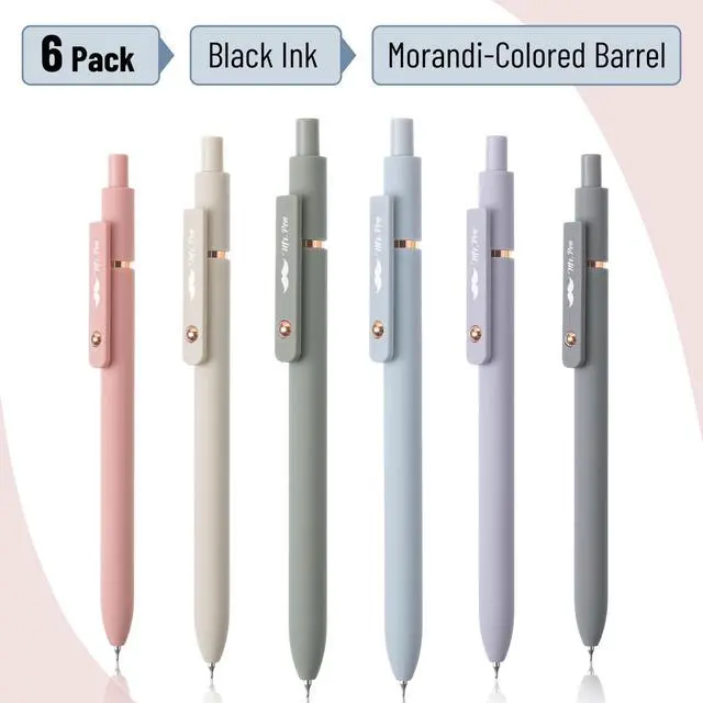 Alt view image 2 of 7 - Retractable Gel Pens with Rose Gold Ring and Ball, 6 Pack | Morandi Barrels, Japanese Black Gel Pens, Fast Dry, Fine Point 0.5mm