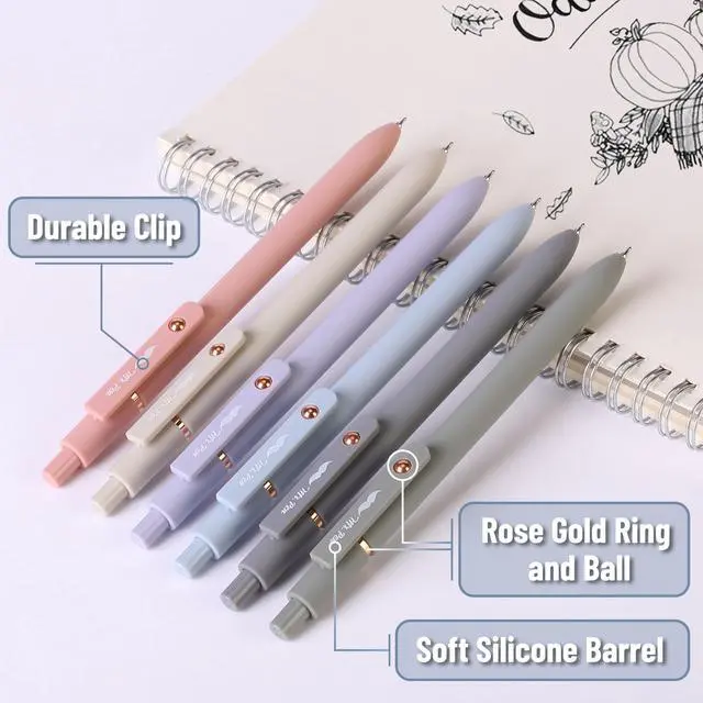 Alt view image 3 of 7 - Retractable Gel Pens with Rose Gold Ring and Ball, 6 Pack | Morandi Barrels, Japanese Black Gel Pens, Fast Dry, Fine Point 0.5mm